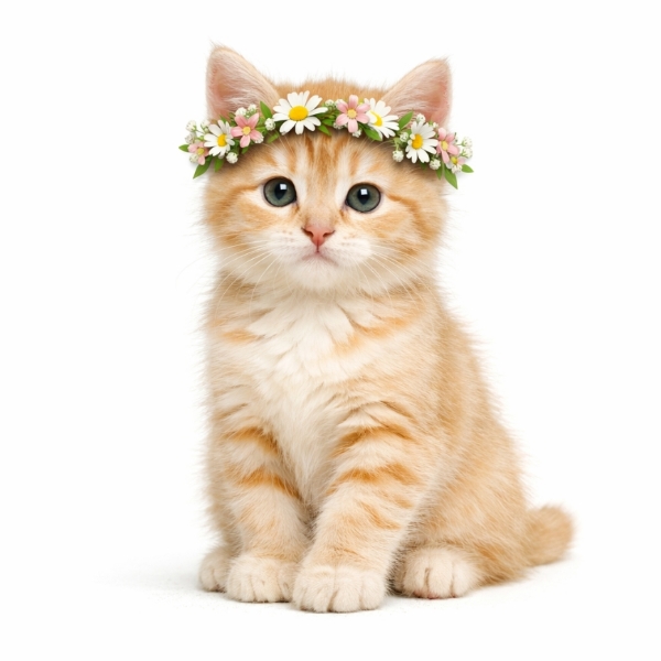 a kitten with a flower garland 